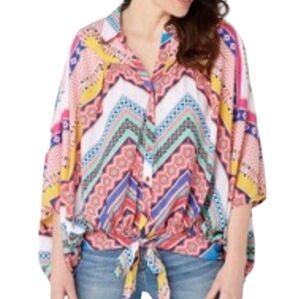 Tolani Collection Multicolored Printed Front-Tie Bat Wing Sleeve Top - Size Med